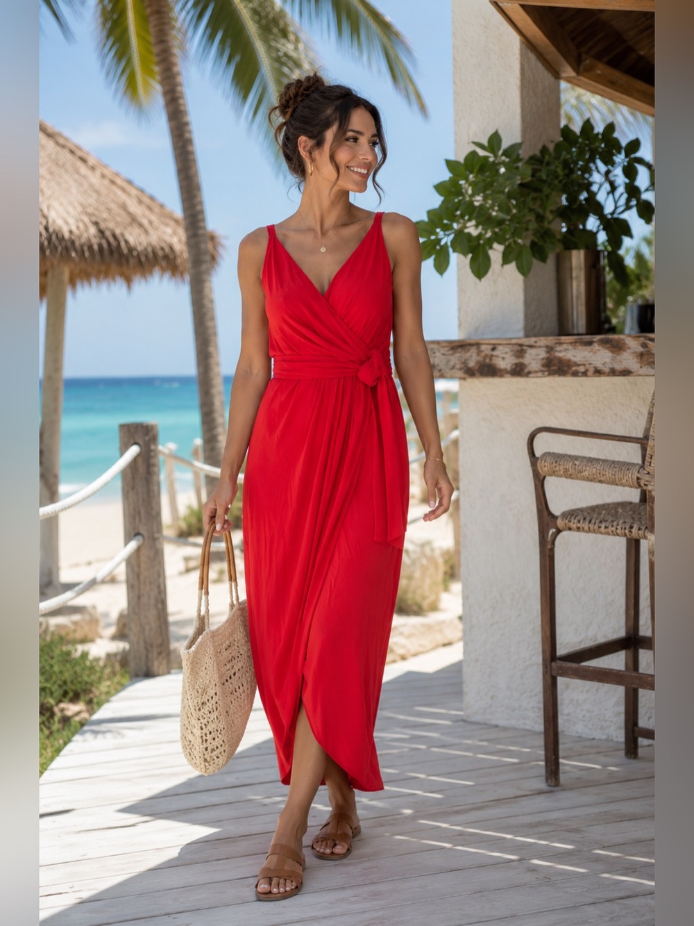 White House Black Market Coral Red Wrap Maxi Dress – Size 6
